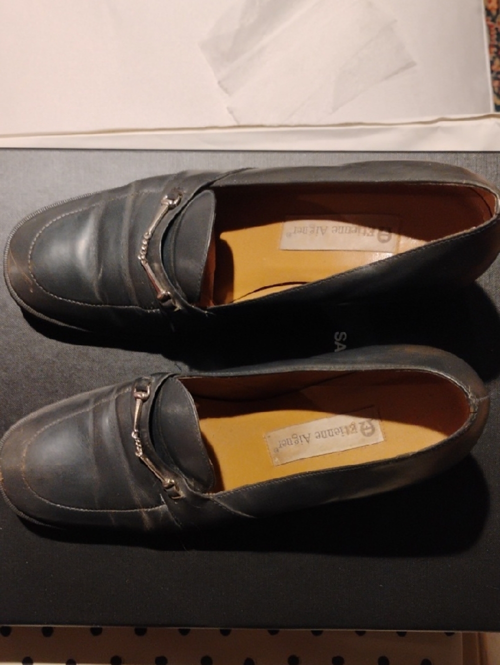 Etienne Aigner Navy Leather Slip-On Loafers with Silver-Tone Bit 8